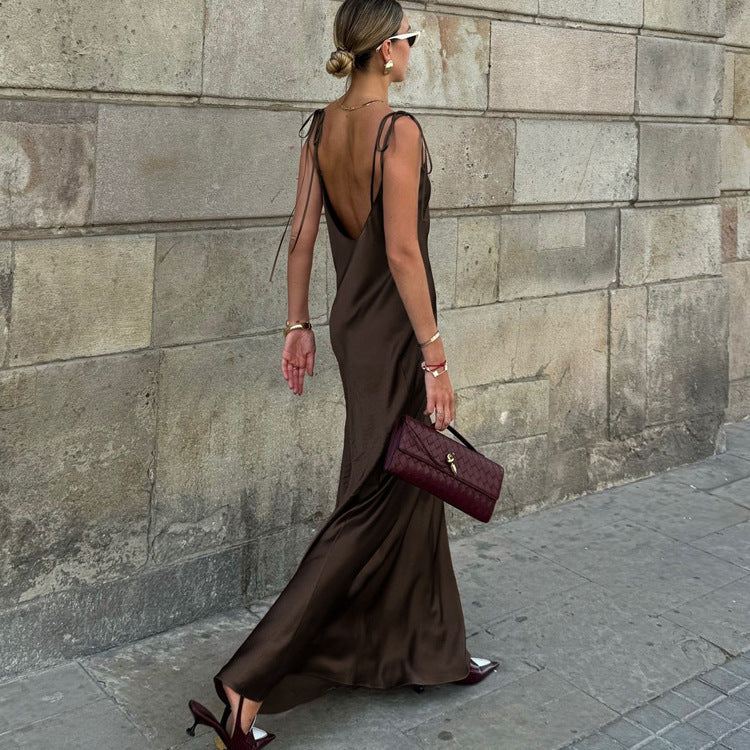 Seraphine™ | Giselle Saten Askılı Maxi Elbise