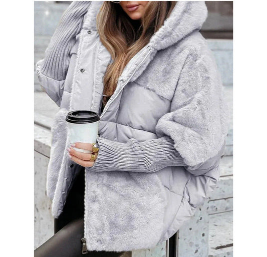 Oversize Kapüşonlu Kürk Detaylı Mont