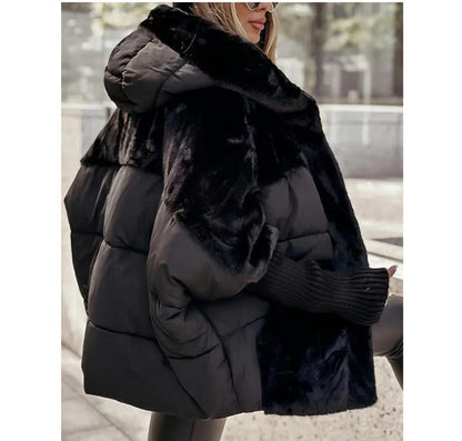 Oversize Kapüşonlu Kürk Detaylı Mont