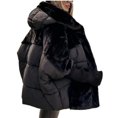 Oversize Kapüşonlu Kürk Detaylı Mont