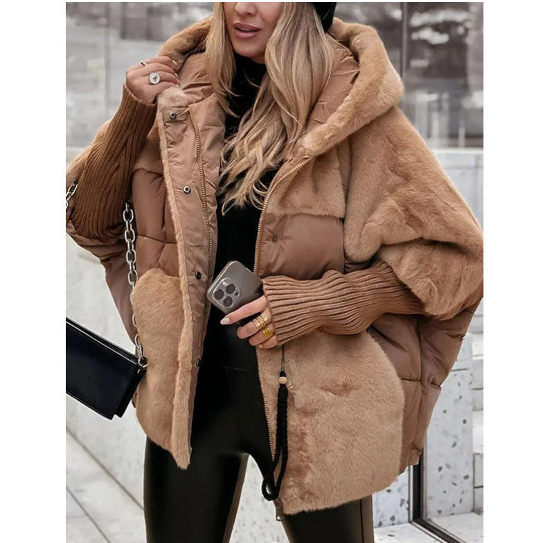Oversize Kapüşonlu Kürk Detaylı Mont